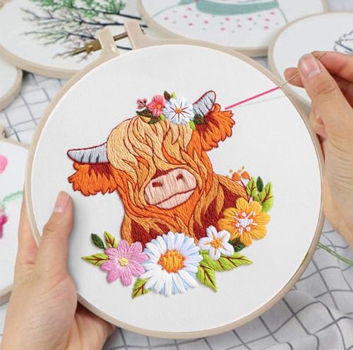 Image of Louise Maelys Highland Cow Embroidery Kit for Beginners Floral DIY | Cross Stitch Kits Offer a Complete Set for DIY Lovers. Needlepoint Kit for Beginners and Adults to Explore Creative Hobbies