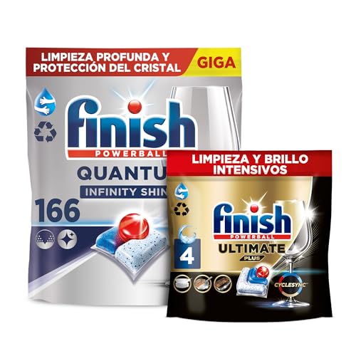 Finish Powerball Quantum Infinity Shine Pastillas para el Lavavajillas con Protección del Cristal, 166 Pastillas + 4 Pastillas Finish Ultimate Plus Brillo de Diamante