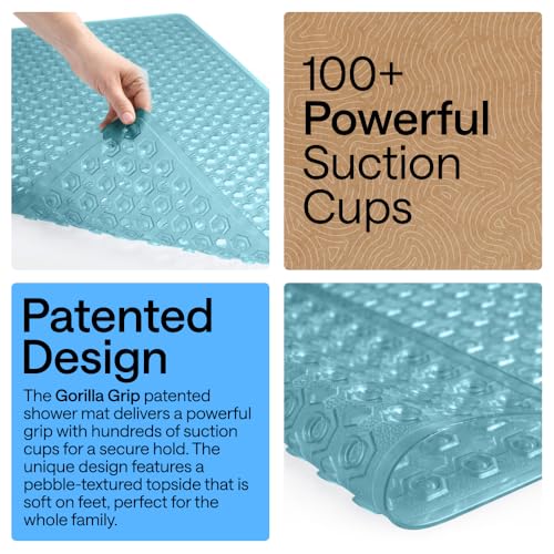 Image of GORILLA GRIP Patented Square Shower Stall Mat, Small Bathtub Floor Mats for Stand Up Showers, Suction Cups and Drainage Holes, Machine Wash, Soft on Feet, Bathroom Accessories 21x21 Inch, Turquoise