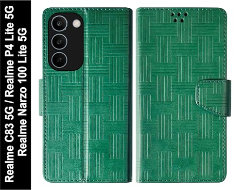Image of SBMS Flip Cover for Realme C83 5G /Narzo 100 Lite 5G /P4 Lite 5G Back Case with Magnatic Closure | Genuine Leather Finish | Inbuilt Stand | Card & Money Pocket | Wallet Style Flip Cover (Mat Green)