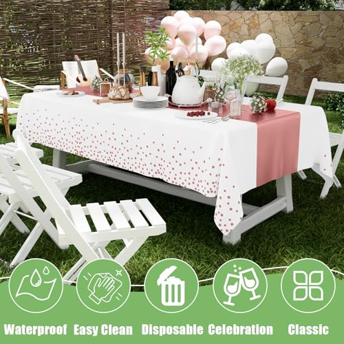 Image of Smiry Plastic Table Cloth Disposable 8 Pack, 54 x 108 Inch Rectangle Waterproof Tablecloth, Printed Gold Table Runner Style for Birthday Weeding, Party, Leakproof & Sturdy, Rose Gold and White
