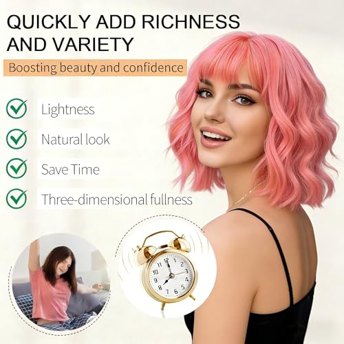 Image of AGO Pink Wigs Short Wavy Hair Pastel Bob Wig with Bangs Shoulder Length Synthetic Hair for Women Girl Colorful Cosplay Wig Synthetic Heat Resistant Fiber for Daily Party Halloween Use(313#Pink)