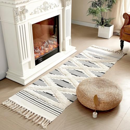 Image of Hand Woven 100% Natural Cotton Export Quality Designer Rug,Carpet, Bed Side Runner for Bedroom,Living Room, Size-2x5 feet or 60 cms x 152 cms (Black Zigzag)