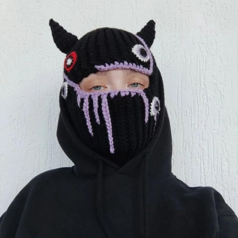 Funny Devil Horns Knitted Beanies Hat for Men Women Warm Balaclava Hat Full Face Ski Mask Hat - Image 3
