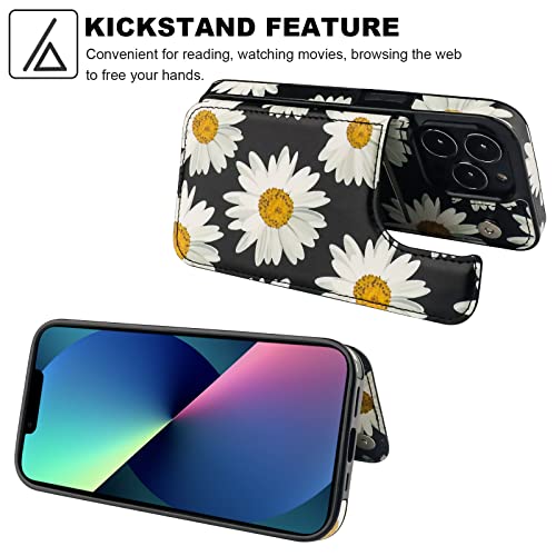 Image of HAOPINSH for iPhone 13 Pro Case Wallet with Card Holder, Daisy Florals Pattern Back Flip Folio PU Leather Kickstand Card Slots Case for Women Girls, Double Magnetic Clasp Shockproof Cover 6.1 inch