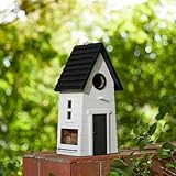 Glitzhome Modern Hand Painted Hanging Bird House for Outside,14.25'H Large Bird Houses for Outdoor,Functional and Decorative Solid Wood Cottage Garden Birdhouse for Bluebird,Chickadee,Wren Finch-White
