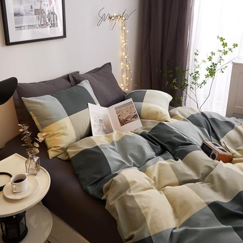 Image of VM VOUGEMARKET Cotton Full Duvet Cover Set,3 Pieces Black Gray Plaid Duvet Cover with 2 Pillowcases Modern Simple Checkered Comforter Cover for Teens Boys Men-80x90 Inch