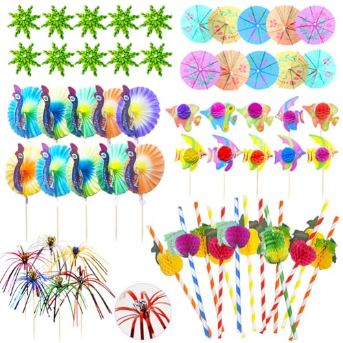 Cocktail Accessories for Drinks 80 Pcs Cocktail Party Decorations with Cocktail Umbrellas Cocktail Straws Sparkler Sticks for Party Decoration Cake Toppers Bar Birthday Picnics Beach