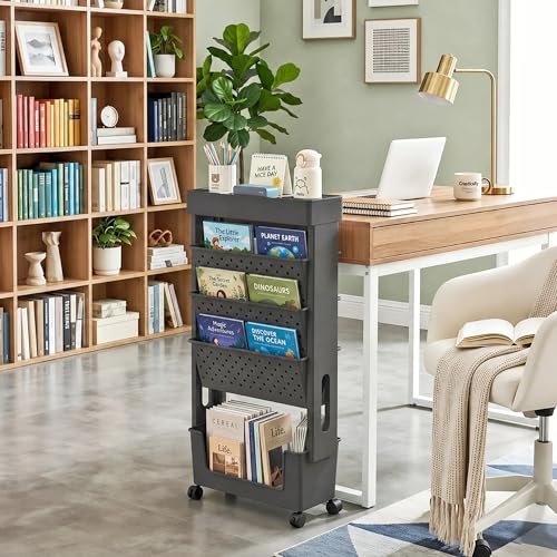 Image of BYFU 5-Tier Movable Bookshelf Cart, Rolling File Paper Storage Organizer Mobile Bookcase with Wheels for Home Office Study Classroom, Black