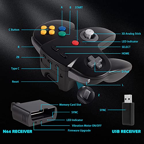 Image of 2.4 GHz Wireless N64 Switch Online Controller, USB & N64 Receiver, Compatible with Windows PC Laptop iOS Mac Raspberry Pi, N64 / Switch Online /NSO - (Rechargeable) (Plug and Play) Black