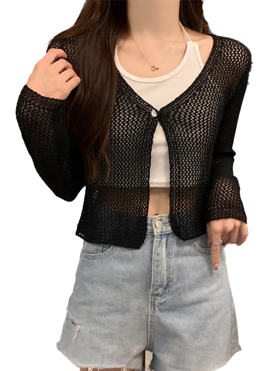 icw Women's Ribbed Knitted V-Neck Hollow Out Cardigan Front-Open Top Long Sleeve Shrug Jacket for Girls E291-picture-10