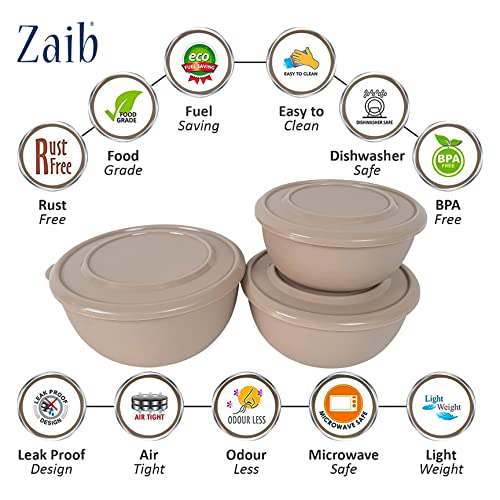 Image of Microwave Safe Stainless Steel Food Storage Container with Lid | Euro Mixing Bowl Set for Kitchen | 500ml, 800ml, 1250ml | Pack of 3 | Leak-Proof (Classic Sand Brown)
