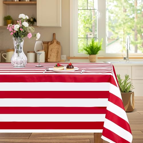 DazzWed Nappe Rectangulaire à Rayures Rouges et Blanches en Polyester – Décoration de Table pour Fêtes, Carnaval, Noël et Anniversaires, Style Cirque,...