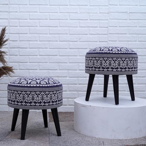 Image of Stool Ottoman Pouffes for Living Room, Kitchen, Home, Office Furniture with Soft Cotton Cushion Mudda Footrest Stool for Chair Sofa Bed Dressing Decor, Manadla Blue (17 Inch Pack of 2)