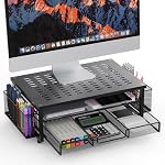 Riser de support de moniteur métallique avec trous de dissipation de chaleur, 2-Tier Support d'organisateur de bureau avec tiroir & Supports de stylo pour ordinateur portable, iMac, PC (Noir)