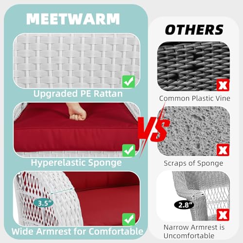 MEETWARM 3 Pieces Patio Conversation Set, Rattan Outdoor Rocking Patio Bistro Set with 2 Rockers and 1 Side Table with 4\" Thick Cushions, Outdoor Furniture Set for Porch Backyard, White Wicker/Red