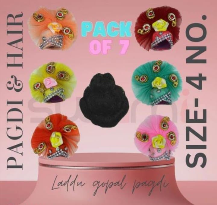 Any Fashion radharani/kanha ji/radharani/krishna ji/laddu gopal fancy multicolour mukut & black hair [ pack of 7 ] (size 4)