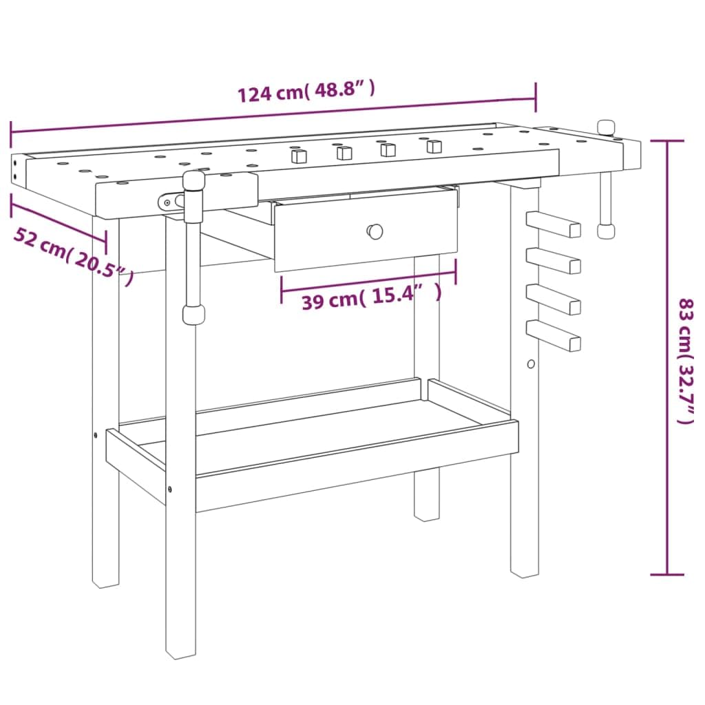 Banco de Trabajo de Madera Acacia Banco de Carpintero Mesa de Trabajo de Madera para Trabajos de carpintería, Bricolaje y Taller-124x52x83cm