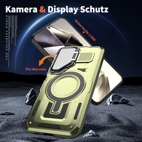 Image of Bumper Case Designed for Samsung Galaxy S24 FE Kickstand Case with Camera Cover, Compatible with Magsafe Built-in Rotatable Magnetic Heavy Duty Shockproof Phone Cover - Green
