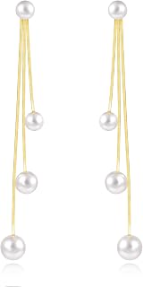 ALEXCRAFT Pearl Earrings Ladies, Earrings Beads Dangle Gold Silver Hypoallergenic Long Beads Dangle Earrings Dangle Beads Long Dangle Earrings Women Girls