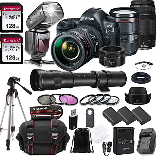 Canon EOS 5D Mark IV DSLR Camera w/EF 24-105MM F/4 L is II USM Zoom Lens + EF 75-300mm III Lens+ EF 50mm F/1.8 STM & 420-800mm Zoom Lens + 2pc Transcend 128GB Memory Cards + Professional Kit
