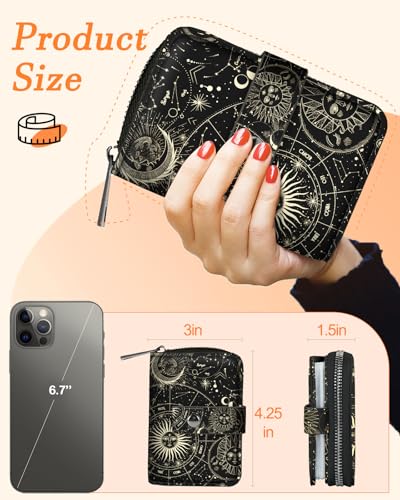 Bistup Credit Card Holder Wallet for Women Ladies Cute Small Teen Girls Female Rfid Leather Cardholder Wallets Organizer Purse Sun and Moon Star Girly Aesthetic Print Unique Zipper2