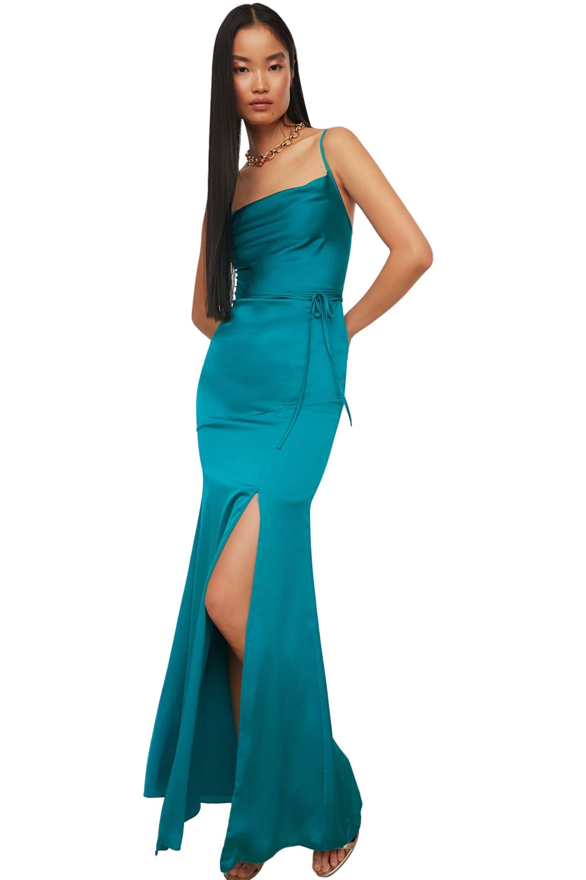 Trendyol FeMan Maxi Shift Regular fit Woven Evening Dress,Emerald,34