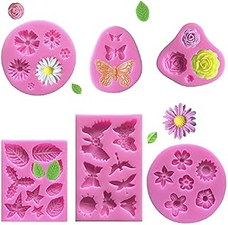 6 Pack Cake Fondant Mold Flower Daisy Roses Butterfly Collection, VASZOLA Silicone Fondant Gummy Candy Baking Mould DIY Tool for Sugarcraft Cake Decoration Cupcake Topper Polymer Clay Soap Wax Making