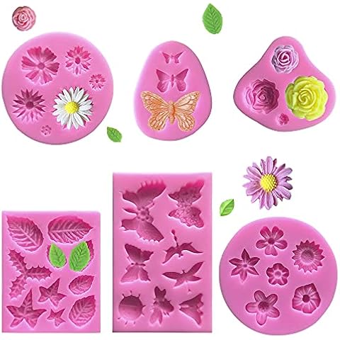 6 Pack Cake Fondant Mold Flower Daisy Roses Butterfly Collection, VASZOLA Silicone Fondant Gummy Candy Baking Mould DIY Tool for Sugarcraft Cake Decoration Cupcake Topper Polymer Clay Soap Wax Making Cover