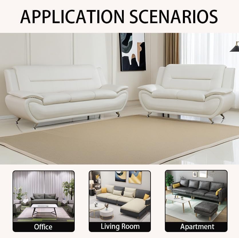 Miniatura 7 de Conjunto de sofá de cuero blanco moderno - 3 plazas + 2 plazas, sofá individual adecuado para sala de estar contemporánea, estilo claro, material y