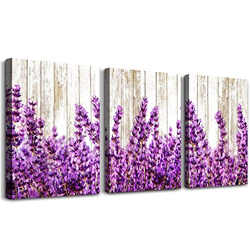 Vintage wood grain Background lavender Flowers Canvas Prints Wall Art for Living Room Bedroom Decoration wall painting , Purple Bathroom Wall Decor Home Decoration kitchen artwork