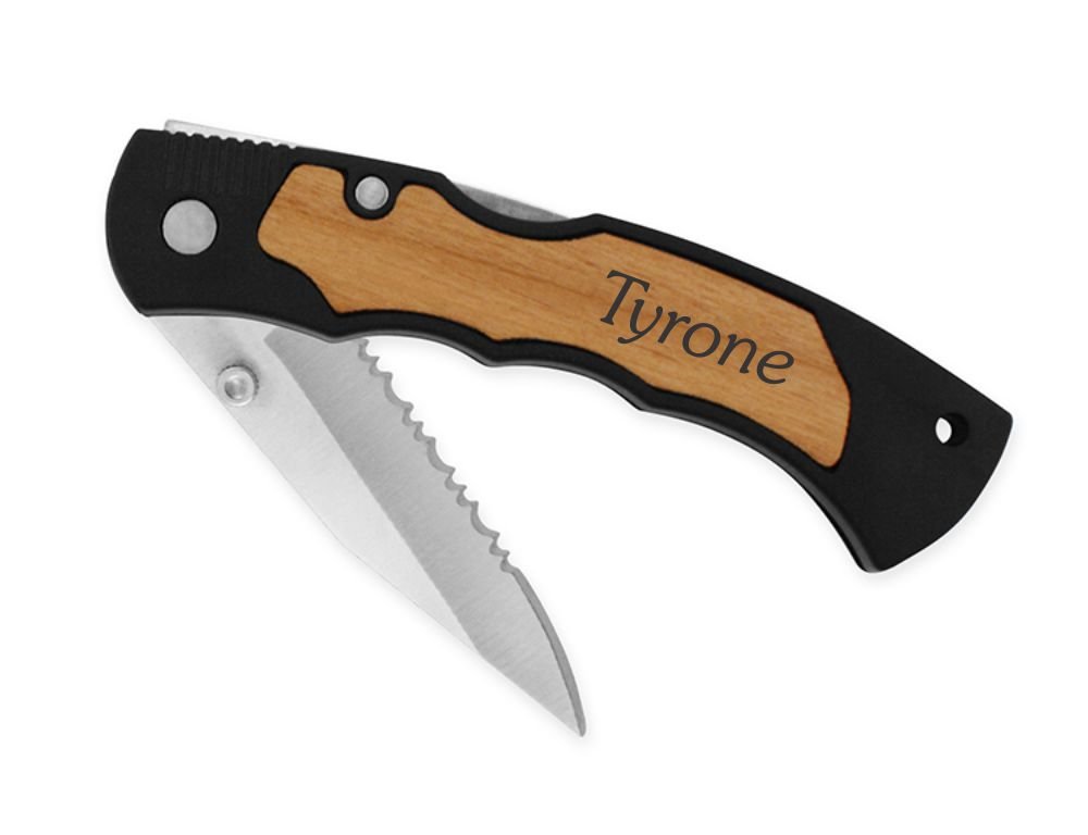Dimension 9 Laser Engraved Alder Wood Personalized Stainless Steel Blade Folding Pocket Knife with Clip Black