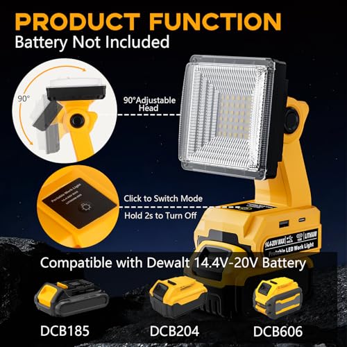 Image of 1500LM LED Work Light for Dewalt 20V Battery, 25W Portable Flood Light with USB & Type-C Ports, 90 Adjustable Angle Cordless LED Light for Emergency, Workshop, Indoor and Outdoor Use (Tool Only)