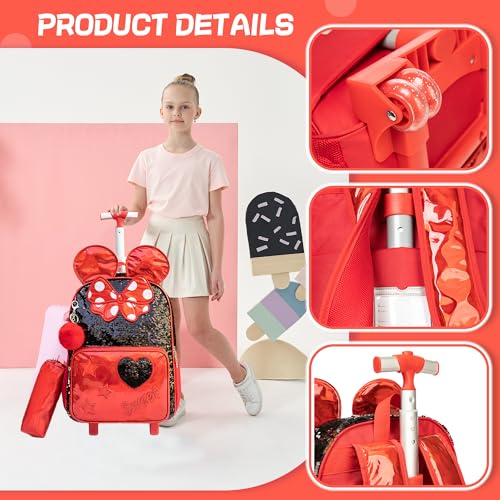 Meetbelify Rolling Backpack for Girls Backpacks with Wheels for Elementary School Students Kids 3 in 1 Travel Luggage Suitcase with Lunch Box Pencil Case for Girls Age 8-103