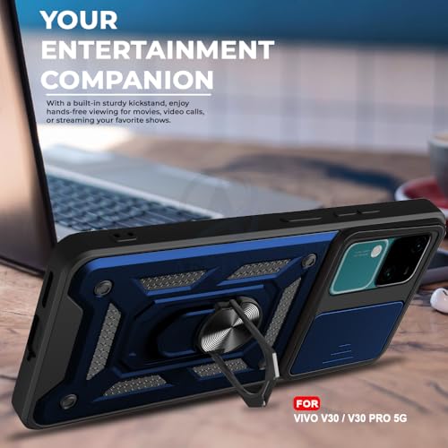 Image of AESTMO Tough Armor Vivo V30 / V30 Pro 5G Bumper Back Case Cover | Ring Holder & Sliding Camera Shield Cover | 360 Degree Protection Back Case Cover for Vivo V30 / V30 Pro 5G (Blue)