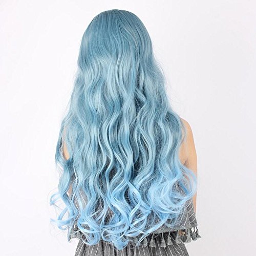 25.6" Pastel Blue Long Curly Wave Wig Air Bang Heat Resistant Fiber Full Wigs For Women's Party Cosplay #TOP5