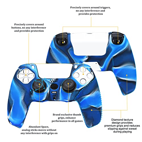 Yorha Grip Texture Silicone Cover Skin Case For Ps5 Dualsense Controller X 1(Camou Blue) With Pro Thumb Grips X 8 #TOP2