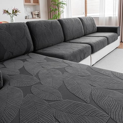 OHSIO Sofa Überzug – Universeller elastischer Sofabezug für Sitzkissen, rutschfest, waschbar & pflegeleicht, ideal für Sofa-Schutz(Dunkelgrau/Blattmuster, 1x Sitzbezug L)