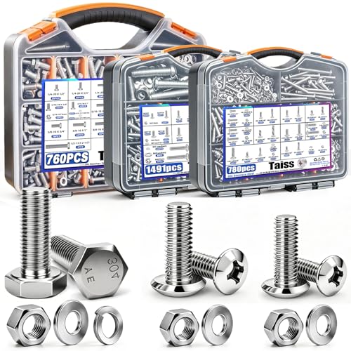 Image of Taiss Nuts and Bolts Assortment Kit SAE & Metric Phillips Head Bolts Kit 780PCS +1491PCS,and 760PCS SAE Hex Bolts Set with Nuts & Washers,304 Stainless Steel /Carbon Steel Hardware Assortment Kit