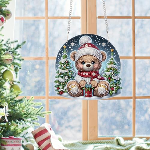 Image of AiYuanzsh 5D DIY Large Christmas Diamond Art Hanging Kits for Adults | Crystal Diamond Painting Suncatchers, Bear Doll and Christmas Tree, Wall, Window & Door Decoration, Home Holiday Gift