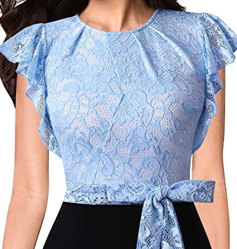 Vfshow Womens Gathered Neck Ruffle Sleeve Floral Lace Colorblock Belted Slim Fitted Cocktail Party Bodycon Pencil Sheath Dress 10052 Lblu Xs #TOP2