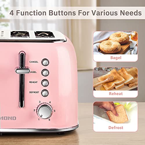 REDMOND Toaster 4 Slice, Retro Stainless Steel Toaster with Extra Wide