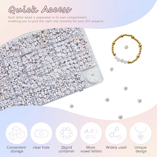 Image of Looconi 1400pcs Rose Gold Letter Beads 4x7mm White Round Acrylic Alphabet A-Z Heart Pattern Beads and Crystal Line for Jewelry Making Bracelets Necklaces Key Chains