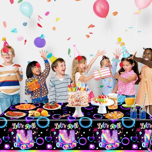 Image of LINHAXM 3 Pack Roller Skating Tablecloths, Roller Skating Party Decorations, Let's Roll Tablecloth for Roller Skate Birthday Party Decorations, 54 x 108 Inch