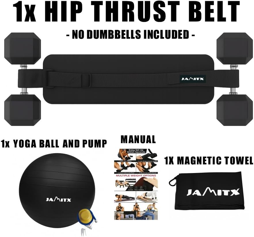 Hip Thrust Belt for Dumbbells - Booty Trainer & Glute Workout Equipment - Booty Belt for Hip Thrust - Yoga Ball - Magnetic Towel – at Home Gym Essentials for Women