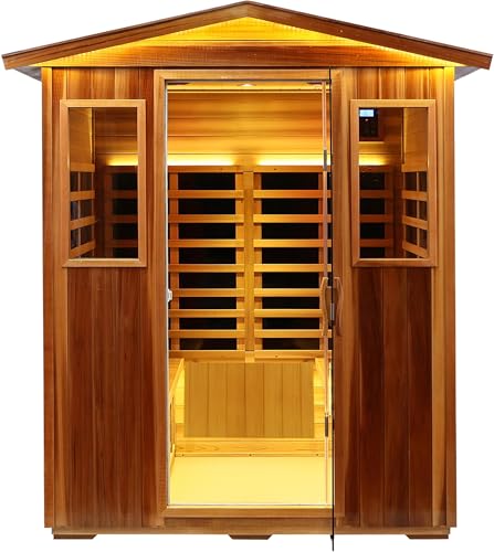 Image of Outdoor Red Cedar Sauna 4 Person Far Infrared Sauna, Red Cedar, Withstand Outdoor Temp -10℉-149℉| Low EMF Sauna Room for Home-12 Low EMF Boards-Chromotherapy-Bluetooth Speakers (68.1*52.4*82.7 inch)
