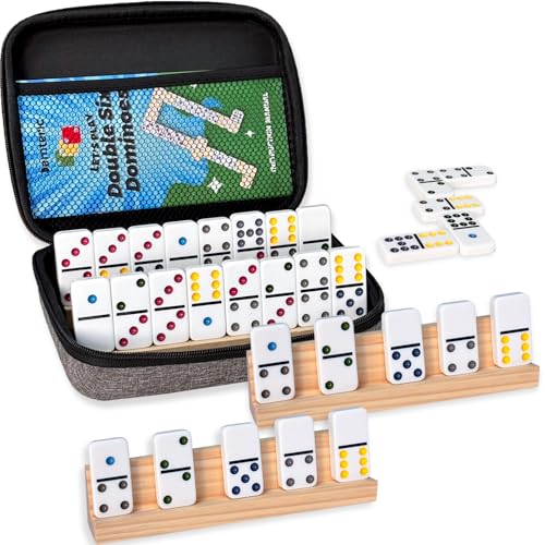 Demteric Upgraded Dominoes Double 6, 28 Dominos Tiles, 4 Wooden Holders/Racks Travel Memory Table Game with Portable Case for 2-4 Players Classic...