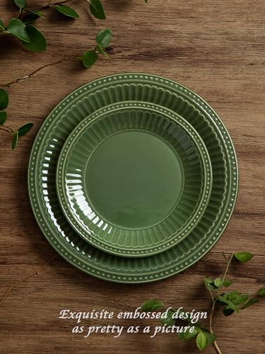 Image of Famiware Garden 24-Piece Embossed Plates and Bowls Sets, Stoneware Reactive Glaze Dishes Dinnerware Set, Modern Rustic, Chip & Scratch Resistant, Microwave & Dishwasher Safe, Service for 8, Dark Green