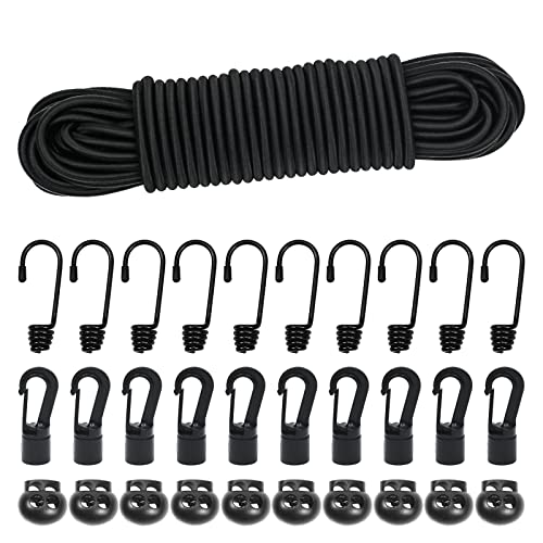 Episkey Tendeur Elastique 5mm 15m Noir, Corde Élastique Tendeurs avec Crochets, Sangle Elastique pour Bache, Velo, Crochet Fixation (Noir, 5mm x 15m)