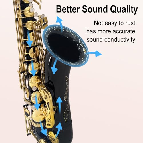 Image of Tenor Saxophone B flat, Gold Black Lacquer with Carrying Case,Mouthpiece,Reeds,Cleaning Kit,Tenor Sax for Beginners, Students and Musicians